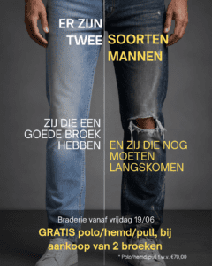 actie: 2 broeken kopen = hemd, pull of polo gratis